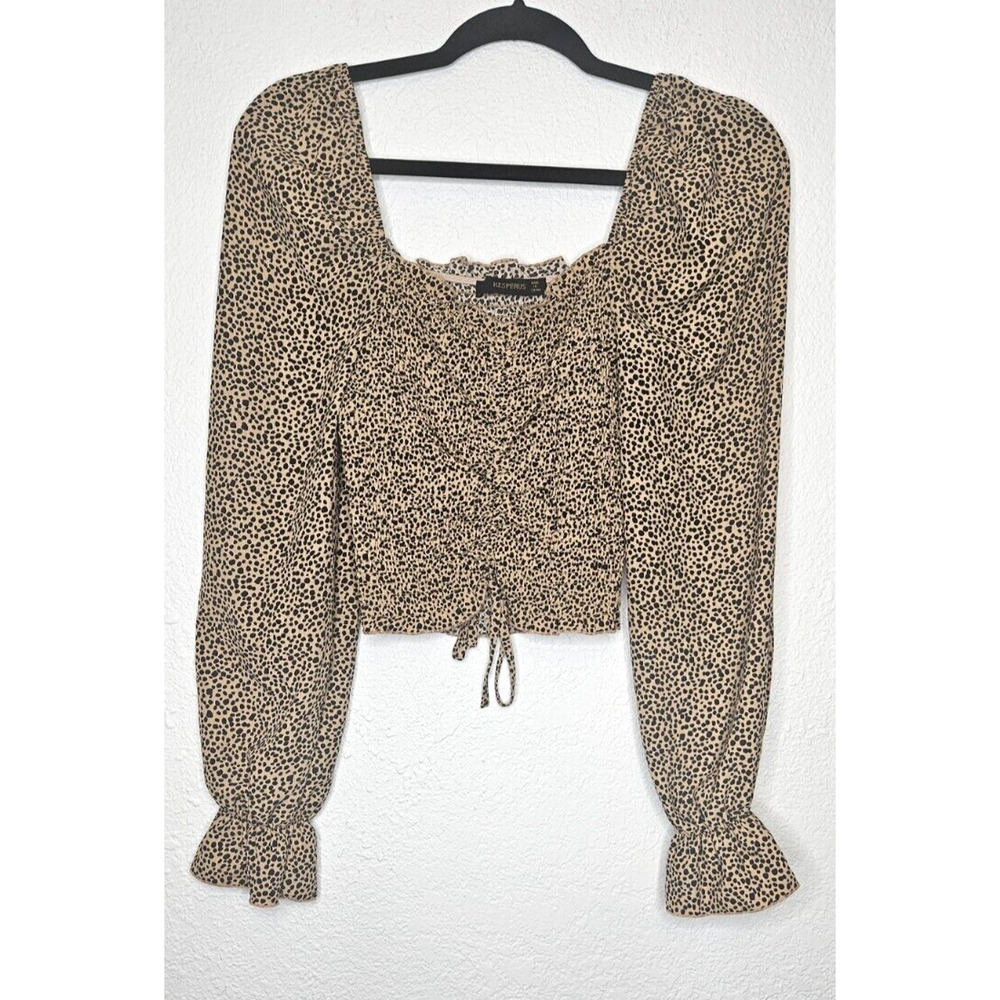 Hesperus Y2K Top Small Brown Cropped Animal Print Smocked Boho Fairy Peasant‎